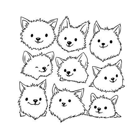 This artwork features a delightful assortment of charming, stylized animal heads, each rendered with endearing expressions. Ideal for adding a touch of playful innocence to greeting cards,のイラスト素材