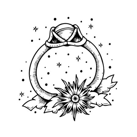 A monochrome art piece showcasing a beautifully crafted ring, with a glowing gemstone center. Dusted with celestial sparkles and adorned with a blooming flower and leaves, the image embodies magic,のイラスト素材