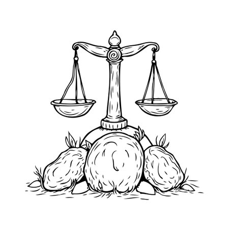 A captivating line drawing showcases scales representing equilibrium. Positioned upon a collection of stylized rocks, it symbolizes the weighing and assessment of crucial matters. This monochromeのイラスト素材