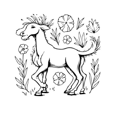 Elegant monochrome illustration presenting a stylized equine form encompassed by floral details evoking the charm of a springtime fairytale. This intricate artwork showcases a unique decorativeのイラスト素材