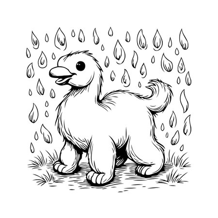 A charming black and white illustration presents a fluffy duckling enjoying a rain shower. Its round body and adorable expression evoke a sense of joy, while gentle raindrops create a dynamic andのイラスト素材