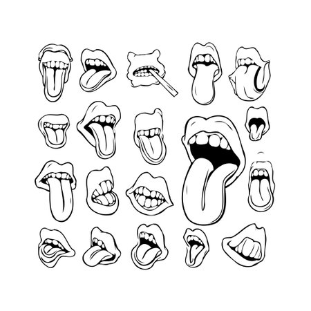 A diverse collection of mouth illustrations featuring tongues in various expressions and poses. These graphic elements are ideal for adding a touch of artistic and distinctive flair to your designのイラスト素材