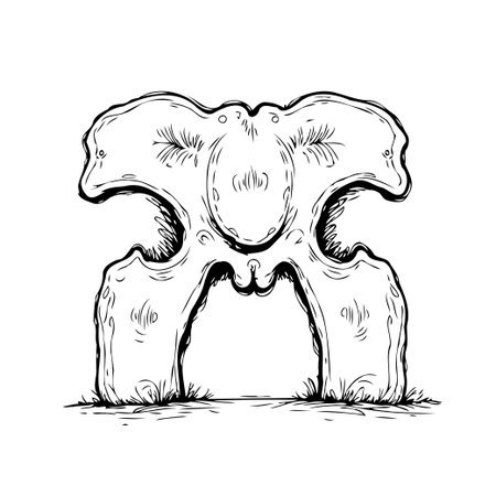 A detailed monochrome sketch of a vertebra bone showcasing its anatomical structure. The drawing features precise outlines and shading, emphasizing the bone's three-dimensional form and highlightingのイラスト素材