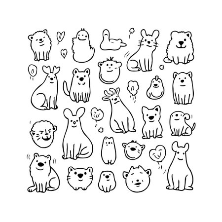 This image showcases a delightful hand-drawn collection of animal doodles, perfect for adding a touch of playful charm to any project. The whimsical line art style and array of cute creatures makeのイラスト素材