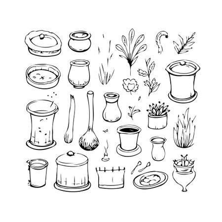 A detailed black and white sketch featuring an assortment of kitchenware, cookware, utensils, and botanical illustrations. This graphic element showcases a rustic, handmade aesthetic, perfect forのイラスト素材