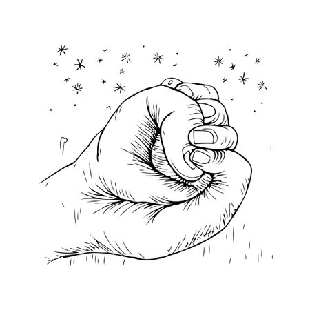 A detailed monochrome hand illustration conveys a powerful message of hope. The clenched fist, surrounded by scattered stars, symbolizes resilience, strength, and the potential for a brighterのイラスト素材