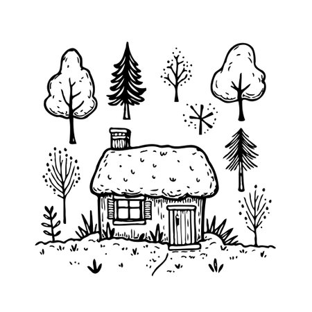 A hand-drawn illustration showcases a small, quaint cottage nestled among trees, evoking a sense of rustic simplicity and tranquil charm. The monochrome artwork captures the essence of rural lifeのイラスト素材