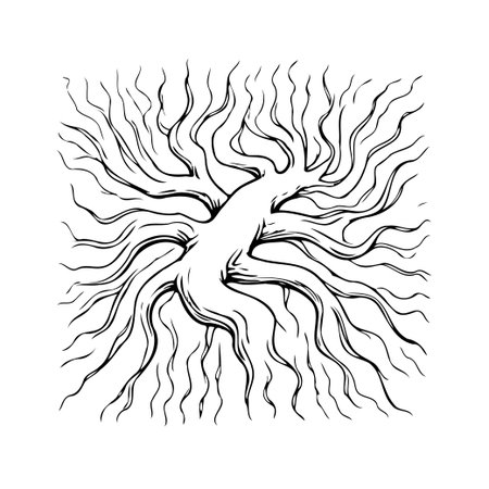 This abstract botanical design presents an intriguing network of root-like tendrils swirling outward. The monochrome palette and delicate lines create a captivating visual, reminiscent of organicのイラスト素材