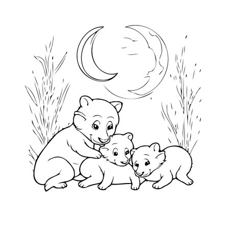 This charming illustration depicts three bear cubs nestled together under the gentle glow of a moon. The simple line drawing conveys a sense of warmth, affection, and familial bonding, creating aのイラスト素材