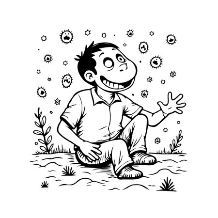 A hand-drawn cartoon featuring a happy boy surrounded by stylized germs or virus-like floating shapes. The composition has plants, with a playful drawing conveying a sense of lightheartedness. Thisのイラスト素材
