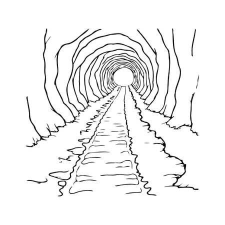 A monochrome line drawing presents a railway tunnel, showcasing linear tracks converging toward a luminous exit. The arched rock formations that constitute the tunnel's structure are rendered withのイラスト素材