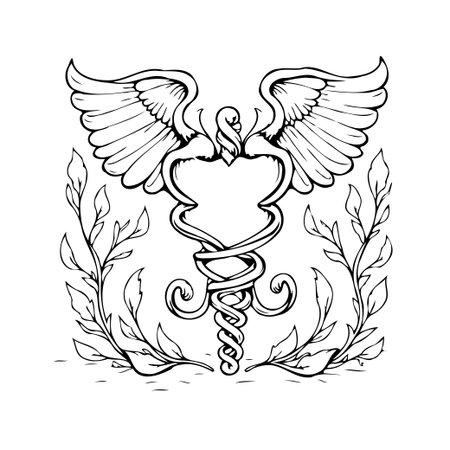 Detailed black and white drawing illustrating the caduceus, a symbol associated with medicine and healing. The design includes entwined snakes around a staff, wings at the top, and laurel branchesのイラスト素材