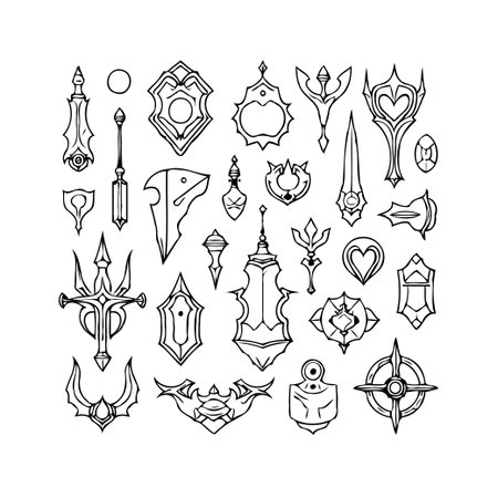A detailed hand drawn illustration presents a collection of diverse fantasy jewelry designs. This artwork showcases elegant and intricate elements. Perfect for artistic design, these pieces create aのイラスト素材