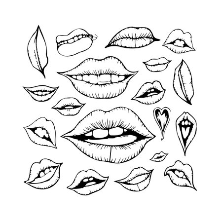 This graphic showcases an array of different shapes lips and leaf drawings, creating a visually interesting composition. The simple black and white color palette gives it a clean and aesthetic look,のイラスト素材