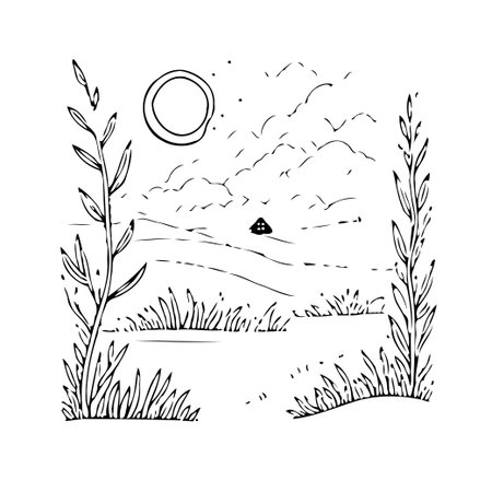 A simple, elegant sketch featuring a sun-drenched meadow framed by stylized plants. A distant mountain sits quietly on the horizon, under a sky adorned with scattered clouds and birds, evoking aのイラスト素材
