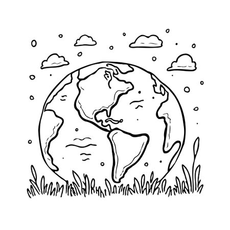 A simplified, monochrome drawing showing planet earth, accompanied by clouds and emergent plant life, symbolizes environmental consciousness. This evokes themes of conservation, ecological balance,のイラスト素材