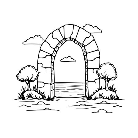 A simple yet captivating hand drawn sketch features a stone archway framing a serene body of water. Flanked by small trees and wispy clouds, the artwork evokes a sense of peace and tranquility. Itのイラスト素材