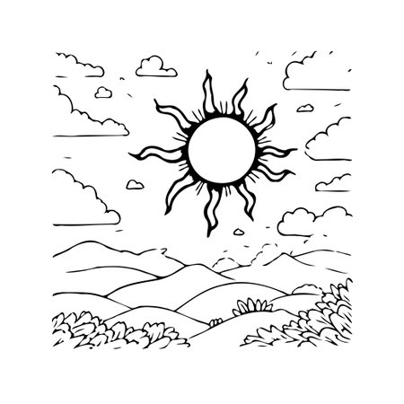 A simplistic line drawing captures the essence of a serene landscape. A radiant sun shines brightly above gently rolling hills dotted with fluffy clouds creating a picture of peacefulness in theのイラスト素材