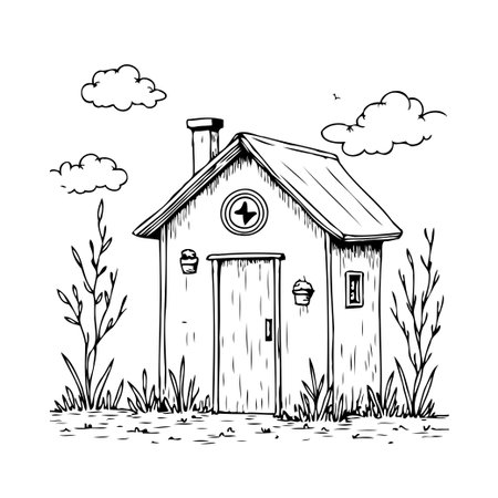 A delightful monochrome sketch portrays a rustic, charming house with a chimney, surrounded by natural greenery under fluffy clouds. This tranquil countryside illustration captures the simplicityのイラスト素材