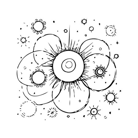 A whimsical botanical illustration showcases an abstract flower. It blends organic and celestial elements with decorative fine lines. This image features a unique flower design suitable for artisticのイラスト素材