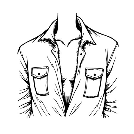 A minimalist black and white illustration focuses on an unbuttoned shirt, subtly suggesting a fit, confident male physique. The clean lines and simple design offer a refined, elegant representationのイラスト素材