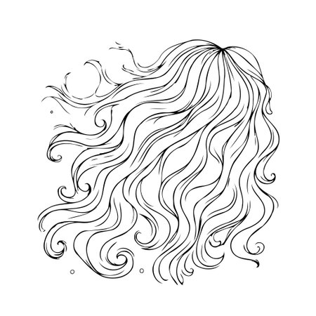 A delicate black and white illustration presents flowing hair with a mesmerizing array of curls and waves. The fine lines create depth and texture, evoking a sense of motion and elegance, suitableのイラスト素材
