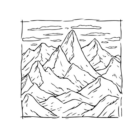 Hand-drawn monochrome illustration featuring a mountainous landscape under a sky with fluffy clouds. The simplicity of the line art evokes a sense of serenity and the untamed beauty of the outdoors.のイラスト素材