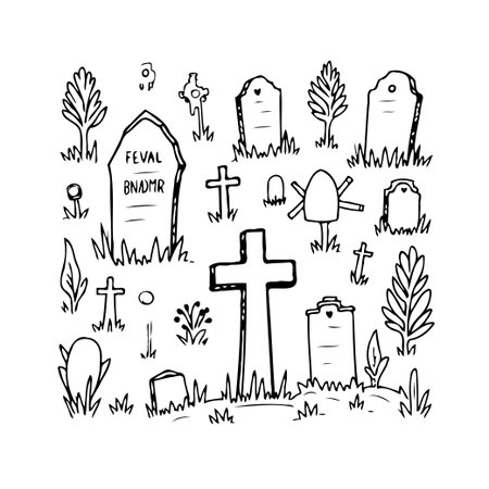 A hand-drawn illustration evokes a sense of quiet contemplation depicting a graveyard with varied tombstones crosses and stylized trees representing the serene beauty and eternal peace found inのイラスト素材