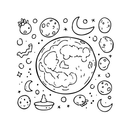 A charming monochrome illustration showcasing hand-drawn planets, stars, and moons scattered across a celestial backdrop evokes a sense of wonder and childlike creativity through its playful designのイラスト素材
