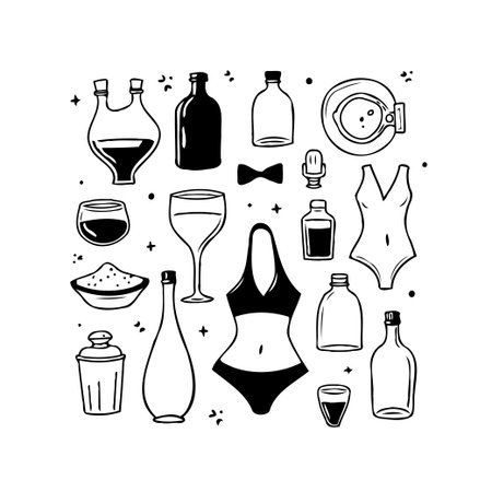 A collection of hand-drawn style doodles featuring summer-themed objects like swimwear, bottles, and glasses, along with other assorted items. This whimsical black and white illustration evokes aのイラスト素材