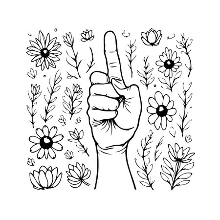 A hand points upwards surrounded by sketched flowers and botanical elements, creating a whimsical and artistic composition. This design celebrates the beauty of nature with an elegant touch, perfectのイラスト素材