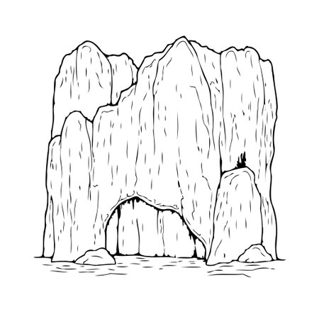 A monochrome illustration showcases a majestic rock formation, complete with a natural archway. The textured surface and detailed linework emphasize the rugged beauty and geological intricacies ofのイラスト素材