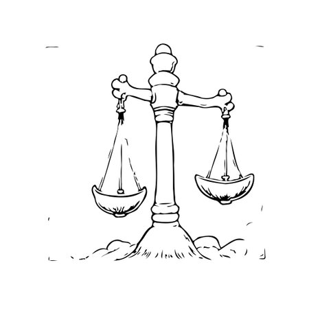 The monochromatic illustration depicts a balance scale, embodying concepts of justice, law, and fairness. The image represents equilibrium, impartiality, and the weighing of evidence, ideal forのイラスト素材