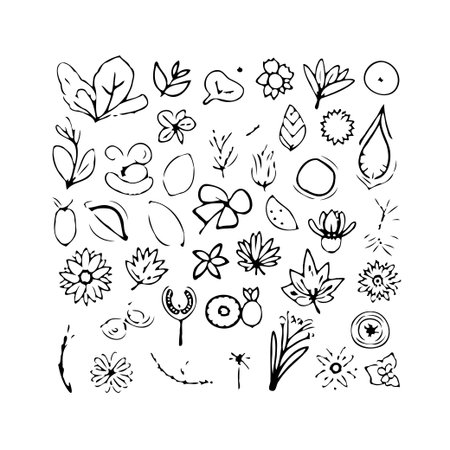 A collection of hand-drawn botanical doodles showcases a variety of leaves, flowers, and abstract shapes. Perfect for creative projects, invitations, and artistic ventures, these elements bring aのイラスト素材