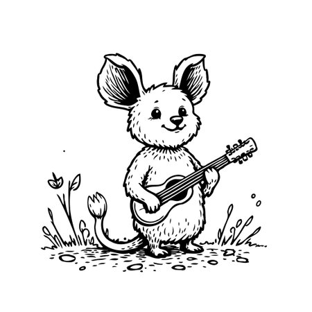 A charming black and white illustration depicts a furry cartoon mouse happily playing a guitar. Perfect for children's books, printable material, or educational resources, this whimsical imageのイラスト素材