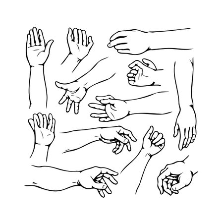 A collection of hand and arm illustrations showcases various poses and expressions, perfect for demonstrating gestures and anatomy in design or educational settings, emphasizing articulation. Itsのイラスト素材