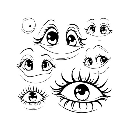 A collection of diverse cartoon eye illustrations showing a range of expressions. Ideal for use in animation, character design, or adding a touch of whimsy to graphic projects. Each eye designのイラスト素材