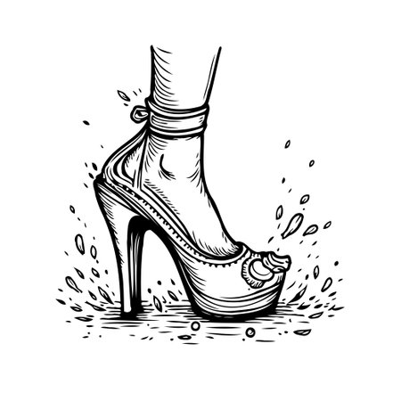 A monochrome illustration depicting a woman's leg adorned with an elegant high-heeled shoe, captured in a stylized graphic design. The artwork features detailed linework and a splash effect, addingのイラスト素材