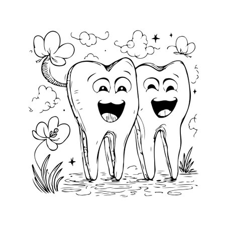 An endearing black and white illustration showcases two smiling teeth enjoying their time surrounded by flowers, clouds, and stars. This charming dental scene promotes the importance of oral healthのイラスト素材