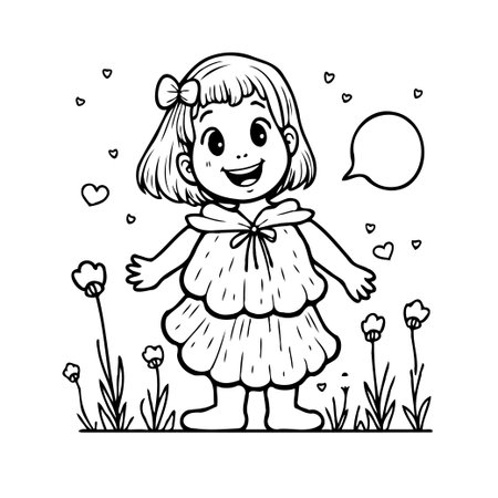 A cute cartoon illustration of a cheerful little girl surrounded by flowers and floating hearts. This adorable design is perfect for coloring books, educational resources, or adding a touch ofのイラスト素材