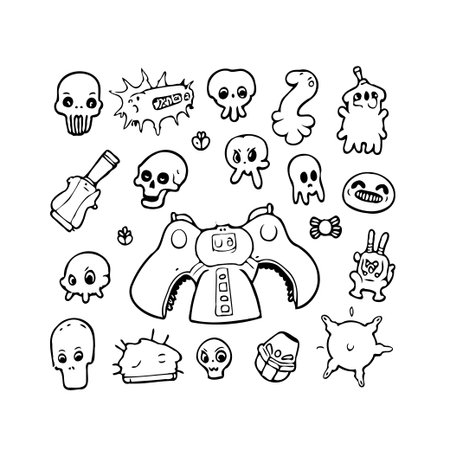 This black and white drawing shows various cartoon doodles featuring quirky skulls, strange shapes and cheerful monsters with bold outlines ideal for artistic concepts. Suitable for a playful moodのイラスト素材