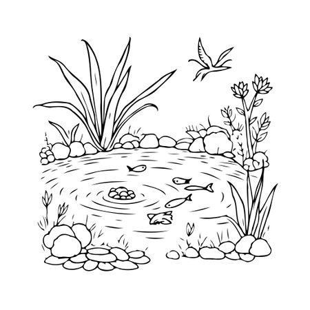 A serene monochrome drawing presents a peaceful pond ecosystem with aquatic animals gliding through calm waters, surrounded by lush plant life and perched birds, creating a tranquil and naturalのイラスト素材
