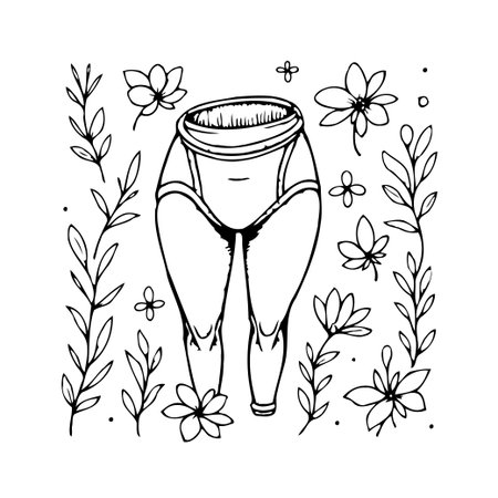 Stylized sketch of a female torso with floral illustrations surrounding it. This artwork represents a symbol of self-love, celebrating body diversity, and womanhood. Embracing natural beauty throughのイラスト素材
