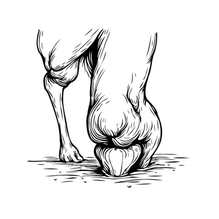 A detailed monochrome illustration depicts the lower leg and hoof of a horse. The artwork showcases intricate line work and shading, emphasizing the animal's anatomy and powerful stance, with aのイラスト素材