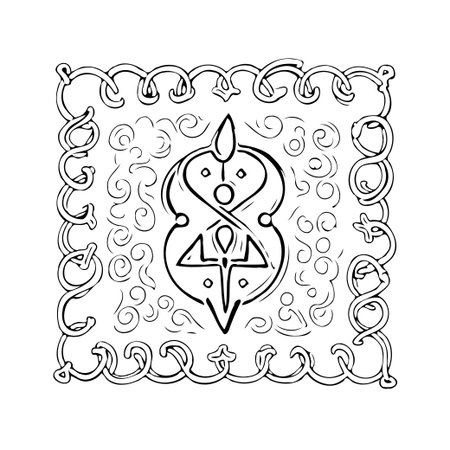 An artistic image featuring an intricately interwoven symbol, surrounded by an ornamented border that evokes the look of ancient artistic styles. The minimalist design, which is crafted in black andのイラスト素材