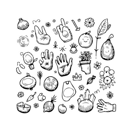 This hand-drawn doodle art features playful illustrations of botanical and anatomical elements creating a whimsical composition. The organic shapes and whimsical details capture a sense of nature'sのイラスト素材