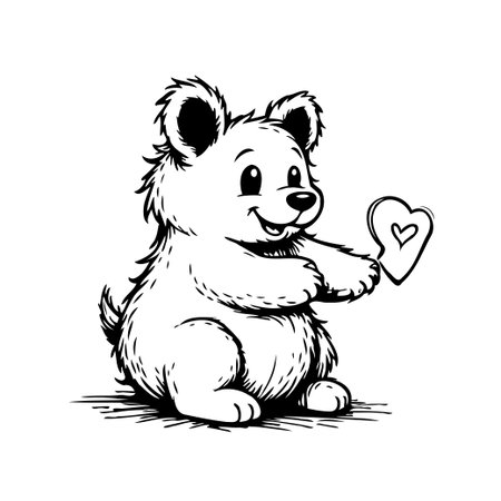 A heartwarming monochrome illustration depicts a fluffy bear cub sitting and holding a heart symbol. The drawing style is simple and clean, emphasizing its friendly and joyful nature, perfect forのイラスト素材