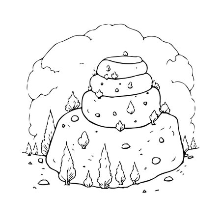 An artistic drawing showcases a tiered rock formation amidst a serene landscape. Simple yet detailed, the artwork features surrounding trees and a cloudy sky creating a sense of peace andのイラスト素材