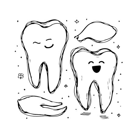 Delicate tooth illustrations in a hand-drawn style, portraying dental health and well-being with a touch of simple design. Featuring cheerful character teeth and formations ideal for pediatricのイラスト素材
