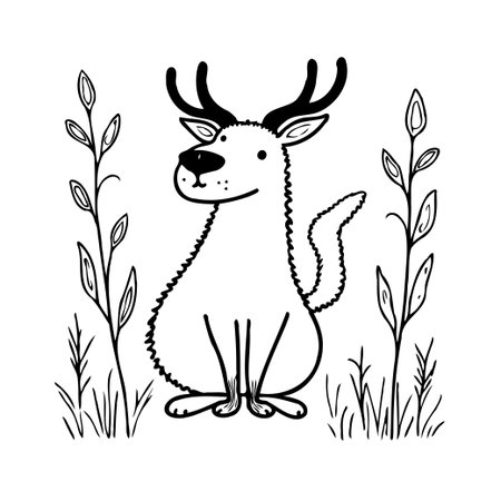 A charming cartoon reindeer illustration stands amidst stylized foliage. The simple black and white design conveys a sense of playful whimsy, perfect for adding a touch of lightheartedness toのイラスト素材